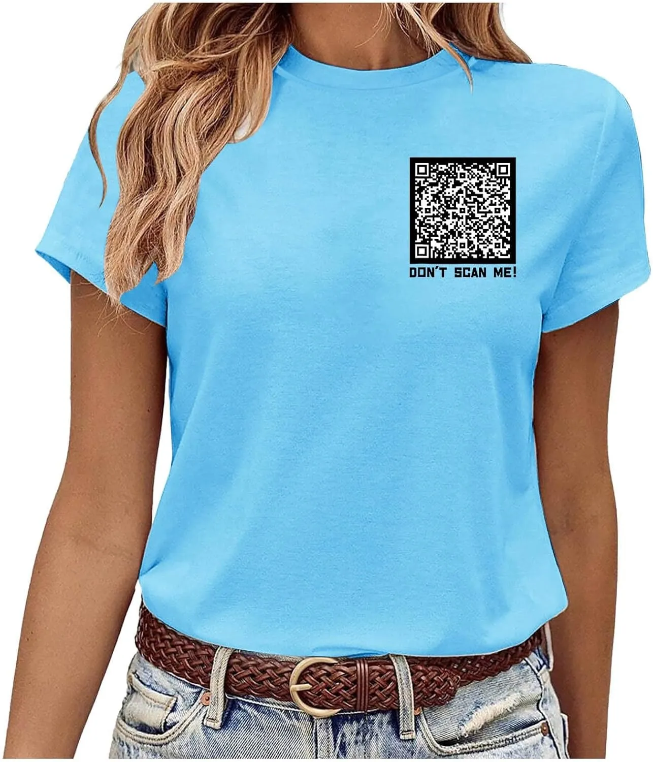 QR Code Shirts for Women Oversized Casual Crewneck Shorts Sleeve Pullover Tops Scan for A Fun Message T-Shirt