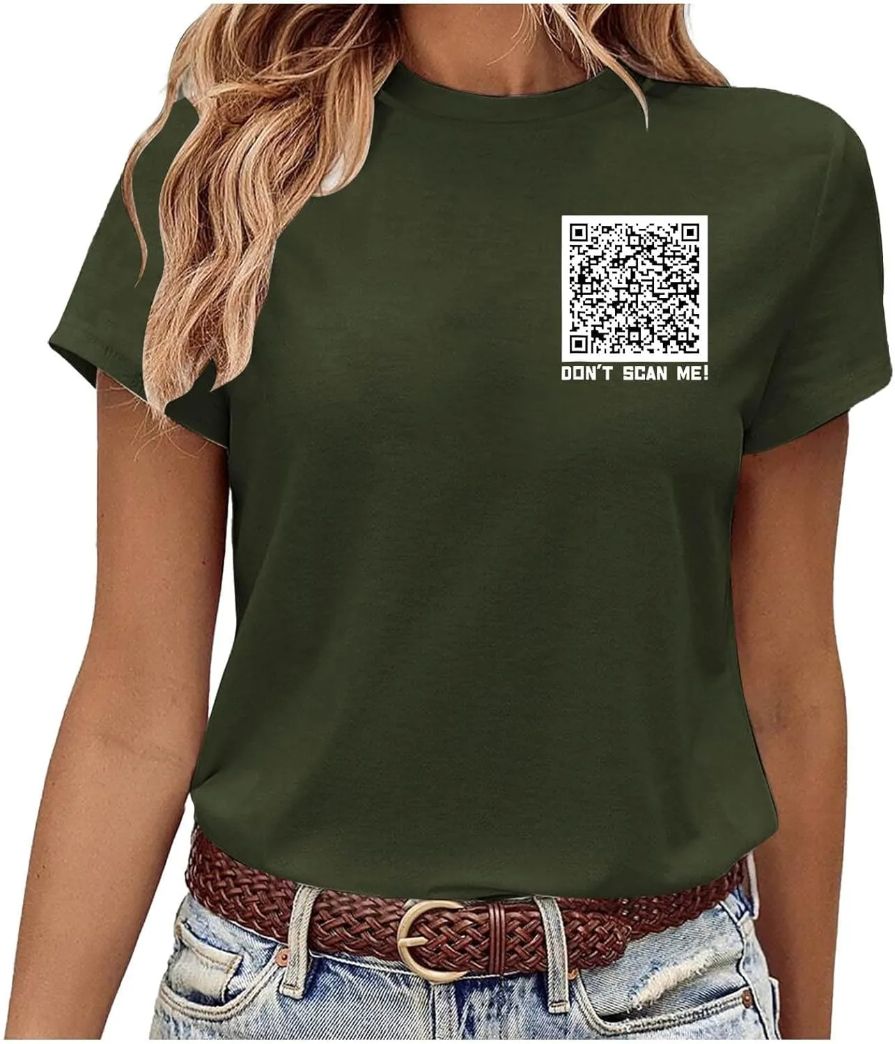 QR Code Shirts for Women Oversized Casual Crewneck Shorts Sleeve Pullover Tops Scan for A Fun Message T-Shirt