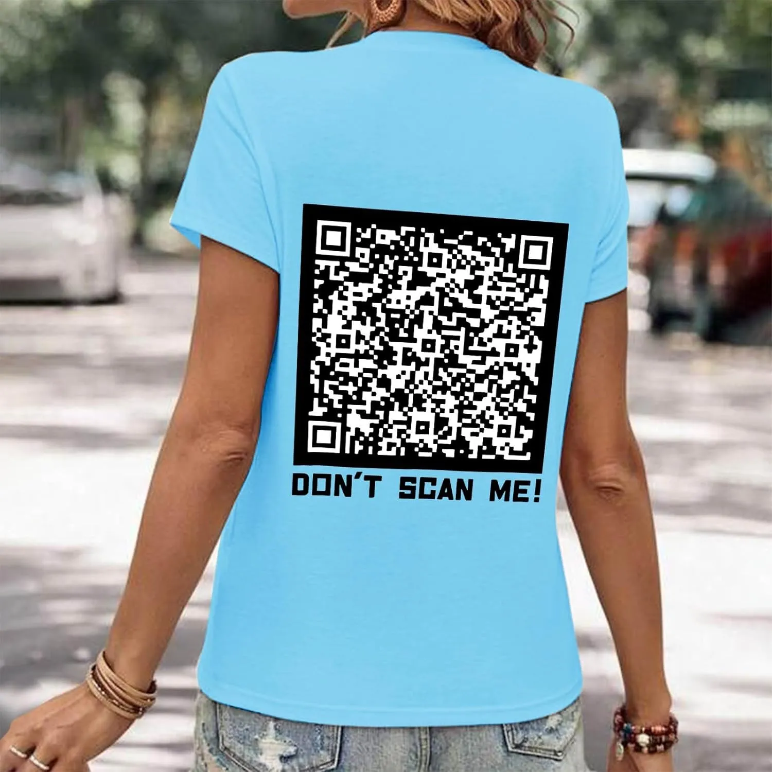 QR Code Shirts for Women Oversized Casual Crewneck Shorts Sleeve Pullover Tops Scan for A Fun Message T-Shirt