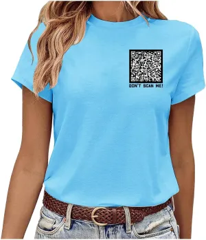 QR Code Shirts for Women Oversized Casual Crewneck Shorts Sleeve Pullover Tops Scan for A Fun Message T-Shirt