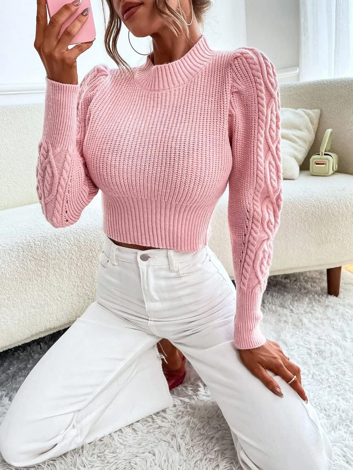 RFME Sweaters for Women Cable Knit Mock Neck Puff Sleeve Sweater Sweaters