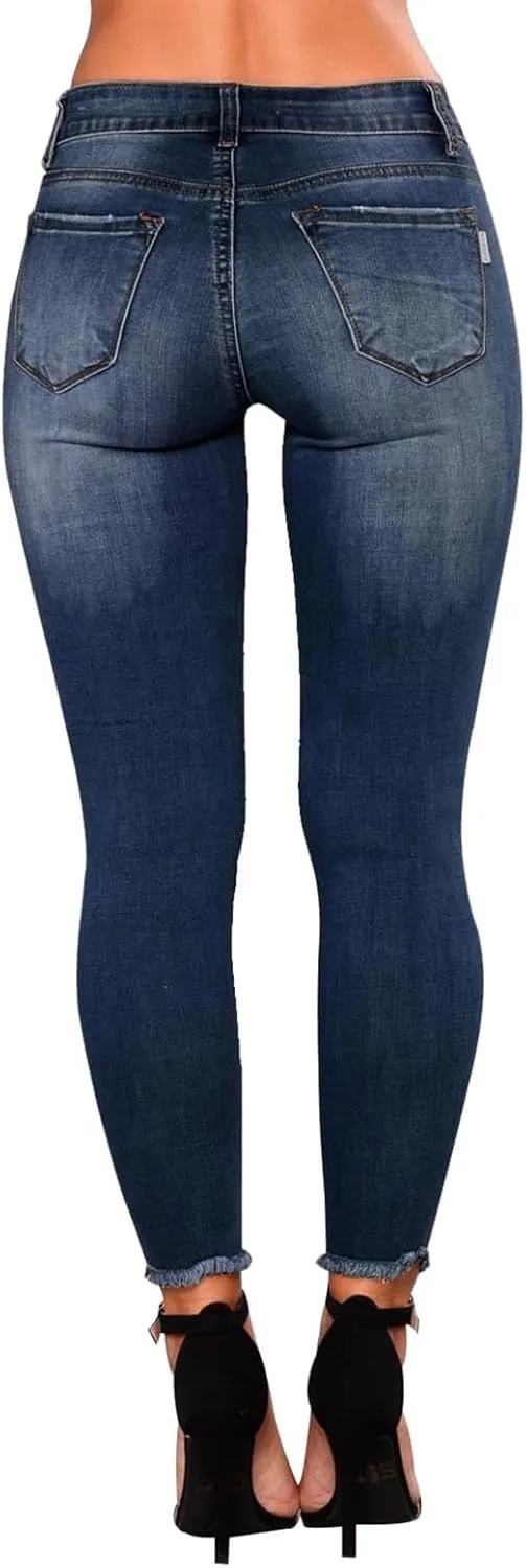 Ripped Jeans Womens Straight Leg Skinny Jeans Casual Trendy Elastic High Waisted Jeans with Pockets Denim Pants