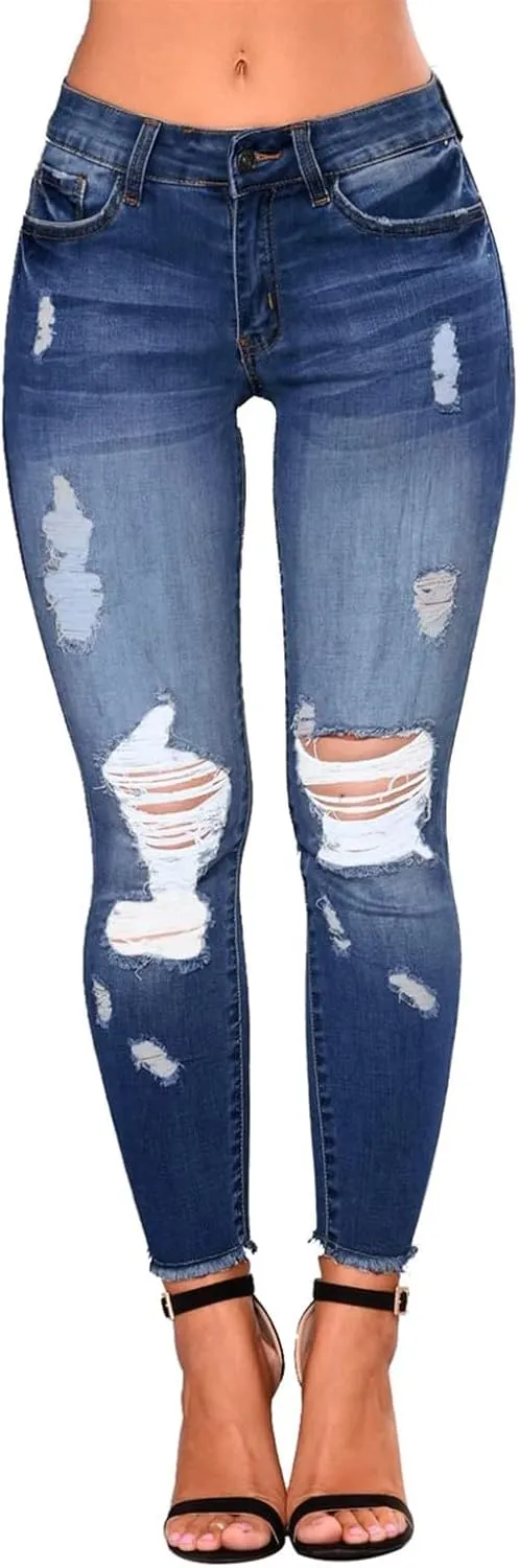 Ripped Jeans Womens Straight Leg Skinny Jeans Casual Trendy Elastic High Waisted Jeans with Pockets Denim Pants
