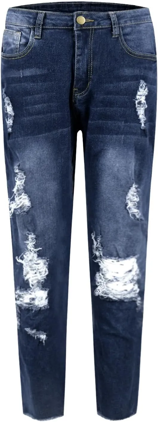 Ripped Jeans Womens Straight Leg Skinny Jeans Casual Trendy Elastic High Waisted Jeans with Pockets Denim Pants