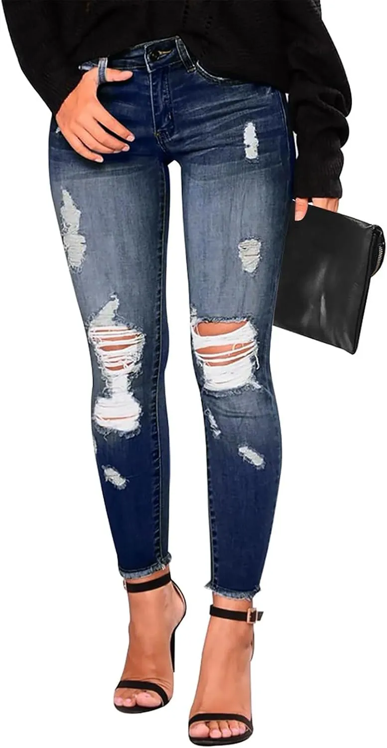 Ripped Jeans Womens Straight Leg Skinny Jeans Casual Trendy Elastic High Waisted Jeans with Pockets Denim Pants