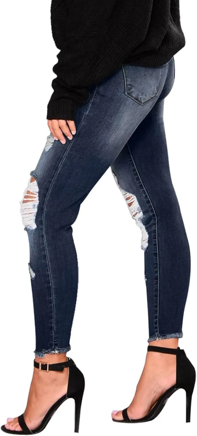 Ripped Jeans Womens Straight Leg Skinny Jeans Casual Trendy Elastic High Waisted Jeans with Pockets Denim Pants
