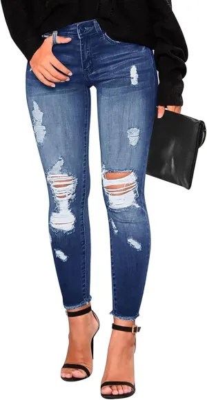 Ripped Jeans Womens Straight Leg Skinny Jeans Casual Trendy Elastic High Waisted Jeans with Pockets Denim Pants