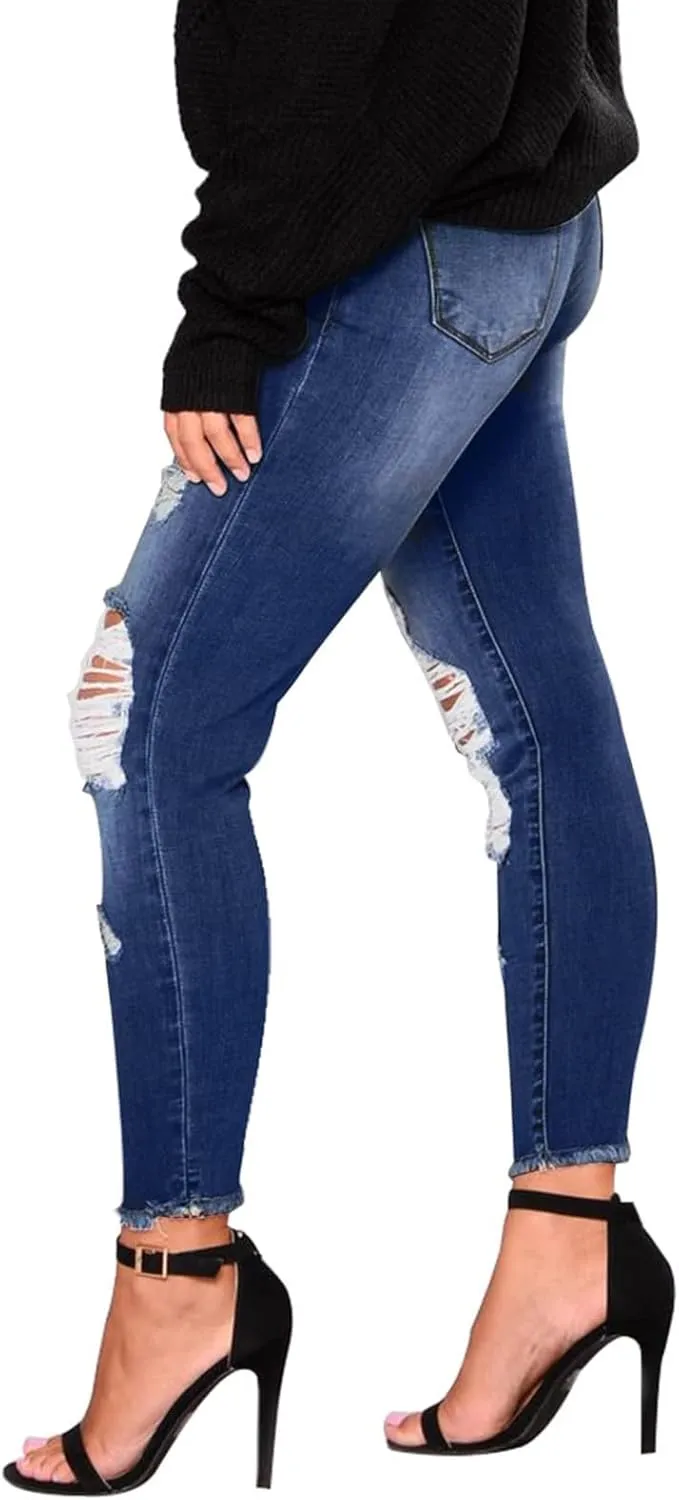 Ripped Jeans Womens Straight Leg Skinny Jeans Casual Trendy Elastic High Waisted Jeans with Pockets Denim Pants