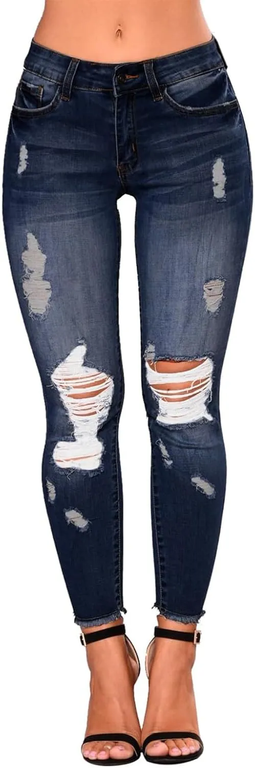 Ripped Jeans Womens Straight Leg Skinny Jeans Casual Trendy Elastic High Waisted Jeans with Pockets Denim Pants