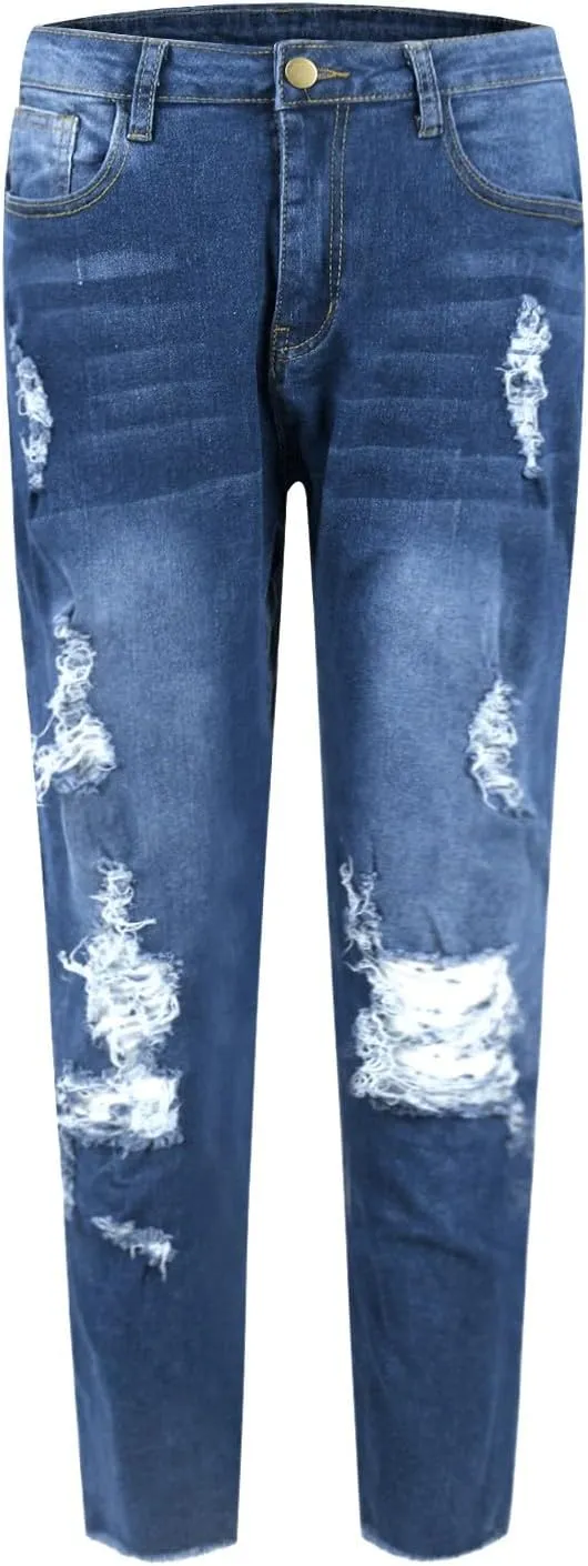 Ripped Jeans Womens Straight Leg Skinny Jeans Casual Trendy Elastic High Waisted Jeans with Pockets Denim Pants