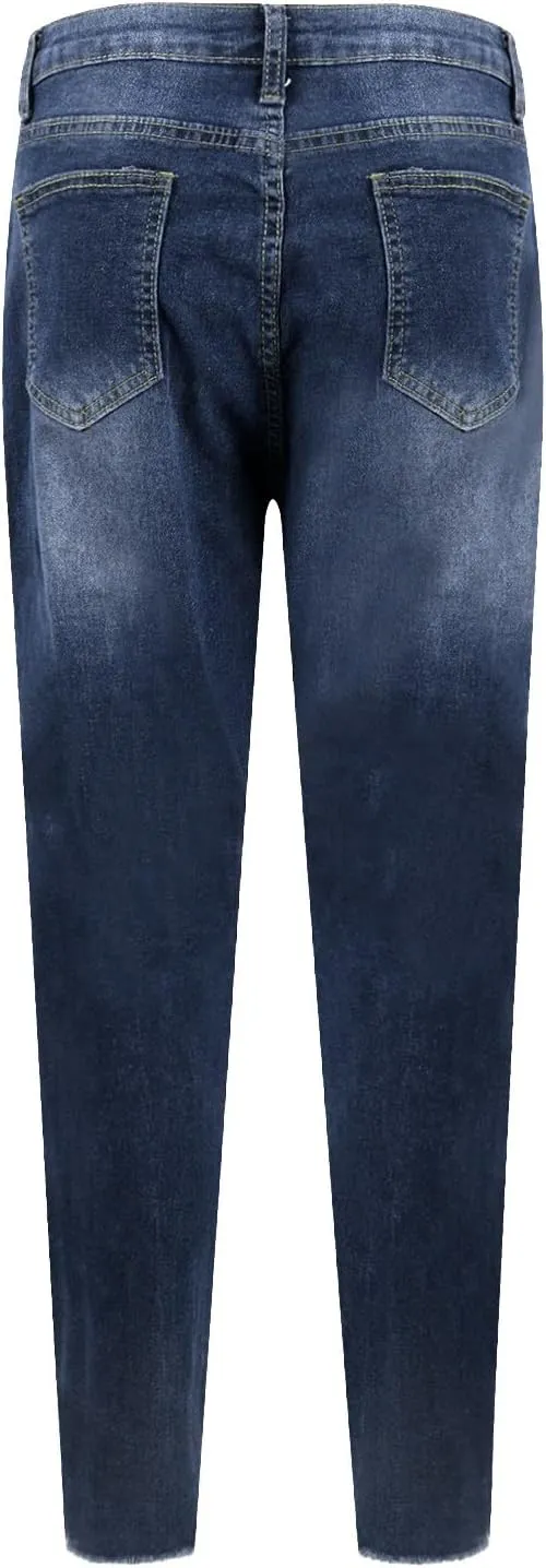 Ripped Jeans Womens Straight Leg Skinny Jeans Casual Trendy Elastic High Waisted Jeans with Pockets Denim Pants