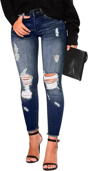 Ripped Jeans Womens Straight Leg Skinny Jeans Casual Trendy Elastic High Waisted Jeans with Pockets Denim Pants