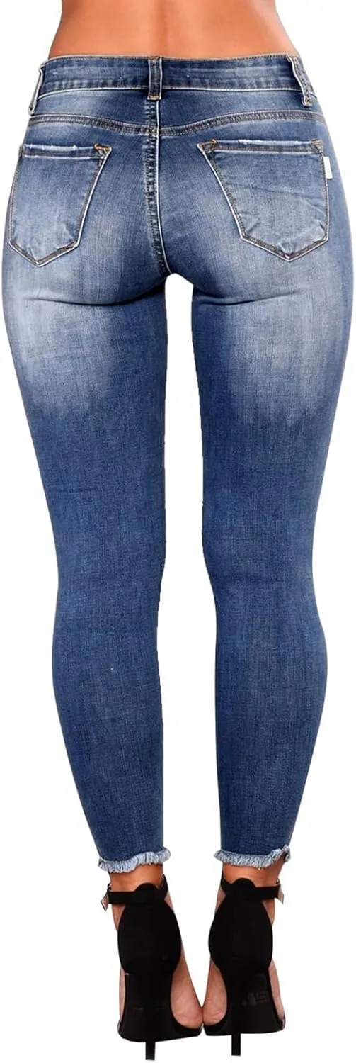 Ripped Jeans Womens Straight Leg Skinny Jeans Casual Trendy Elastic High Waisted Jeans with Pockets Denim Pants
