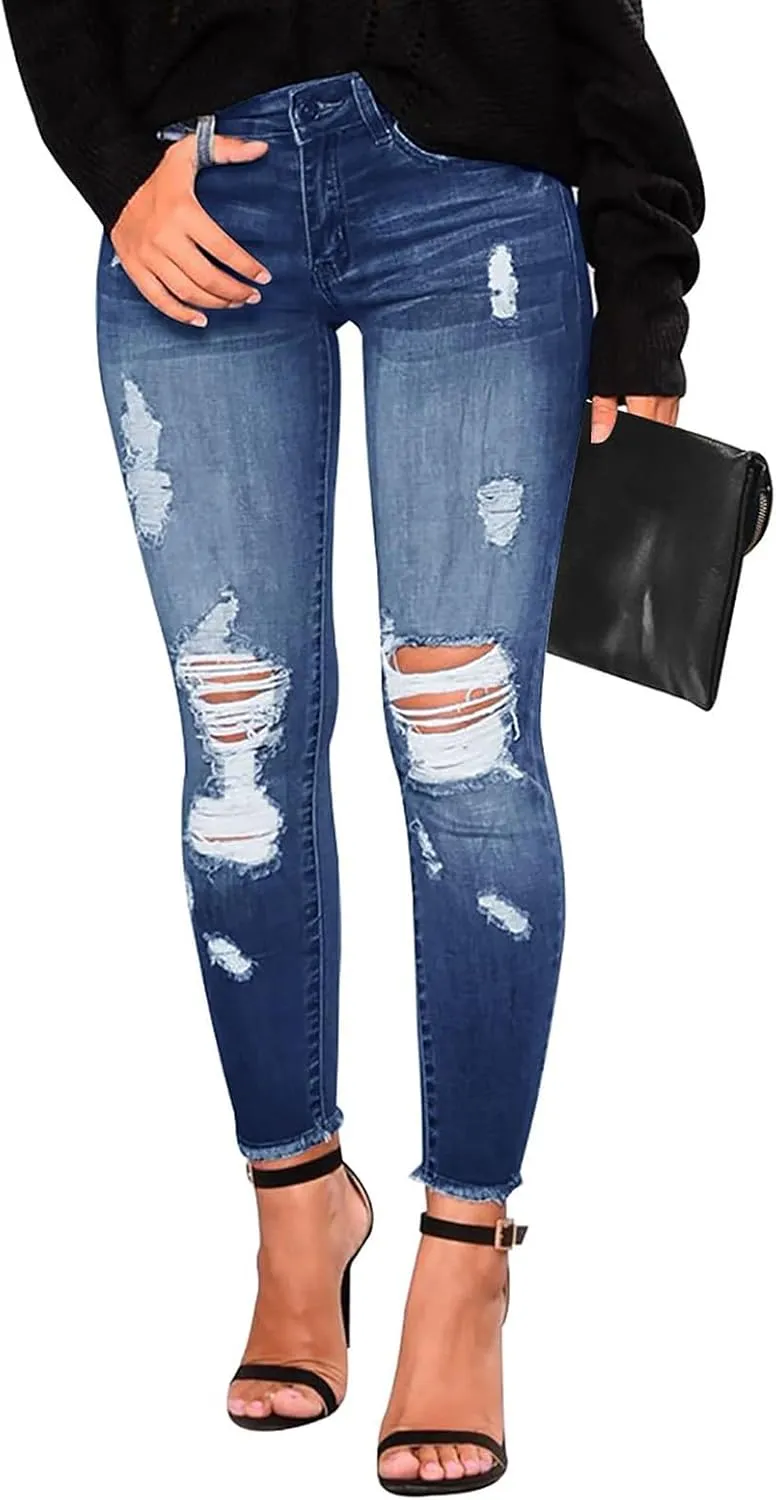 Ripped Jeans Womens Straight Leg Skinny Jeans Casual Trendy Elastic High Waisted Jeans with Pockets Denim Pants