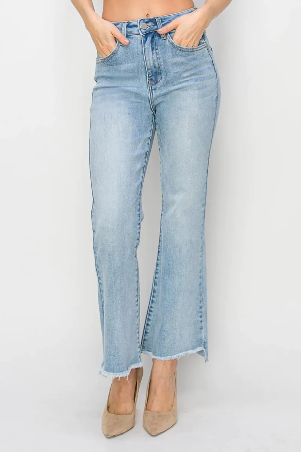 Risen Jeans - High Rise Side Step Hem Crop Flare Jeans - RDP5591