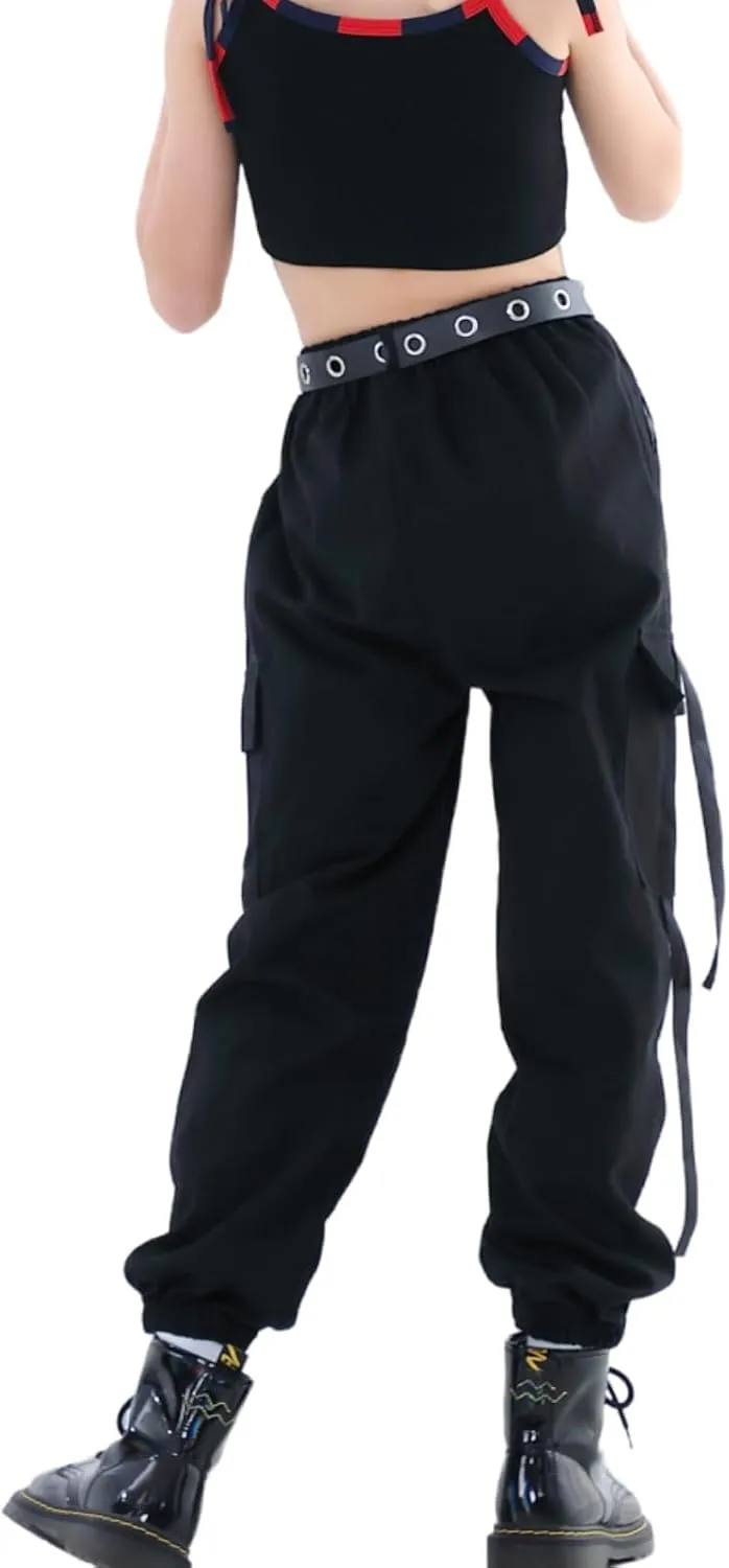 Rolanko Girls Cargo Pants for Kids Loose Streetwear Hip Hop Dance Cotton Cargo Jogger Pants for Kids 4-15 Years