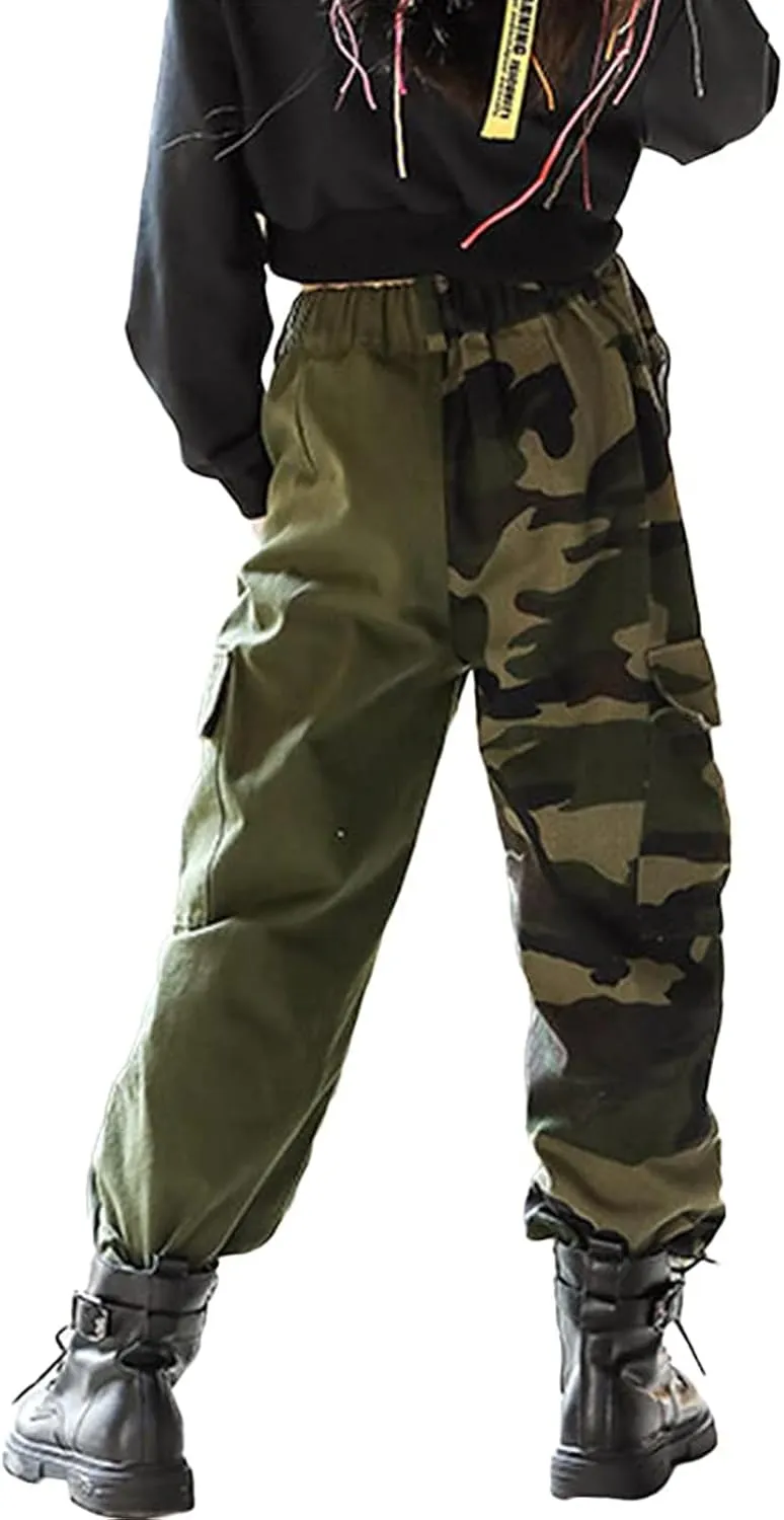 Rolanko Girls Cargo Pants for Kids Loose Streetwear Hip Hop Dance Cotton Cargo Jogger Pants for Kids 4-15 Years