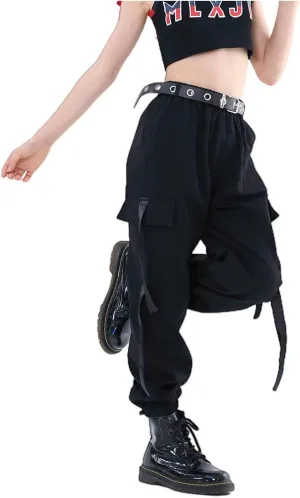 Rolanko Girls Cargo Pants for Kids Loose Streetwear Hip Hop Dance Cotton Cargo Jogger Pants for Kids 4-15 Years