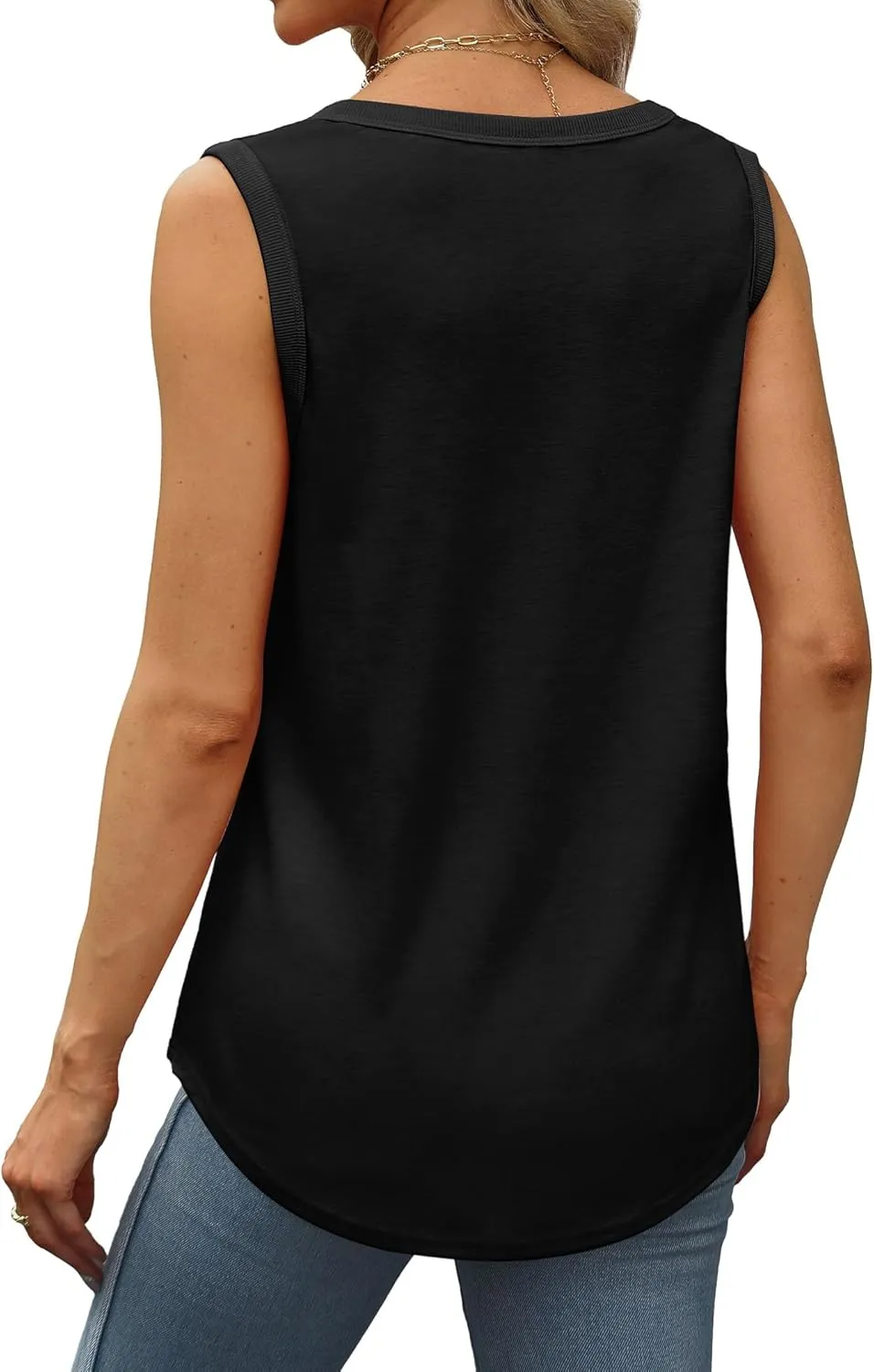 Saloogoe Womens Tank Tops Summer Loose Sleeveless Tops Ribbed Trim Scoop Neck Curved Hem 2024