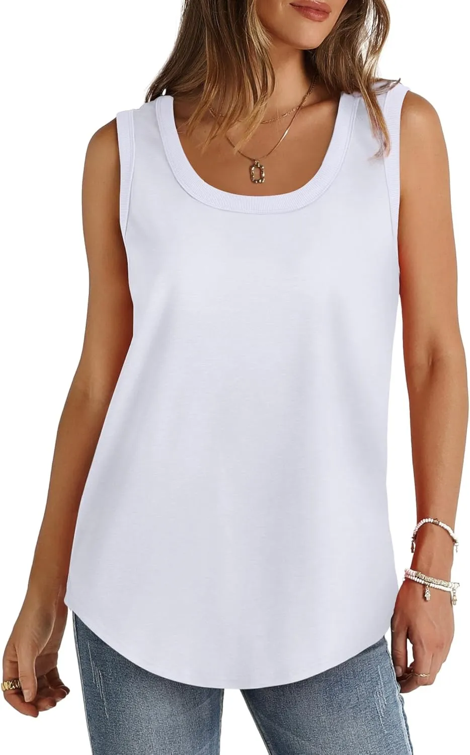 Saloogoe Womens Tank Tops Summer Loose Sleeveless Tops Ribbed Trim Scoop Neck Curved Hem 2024