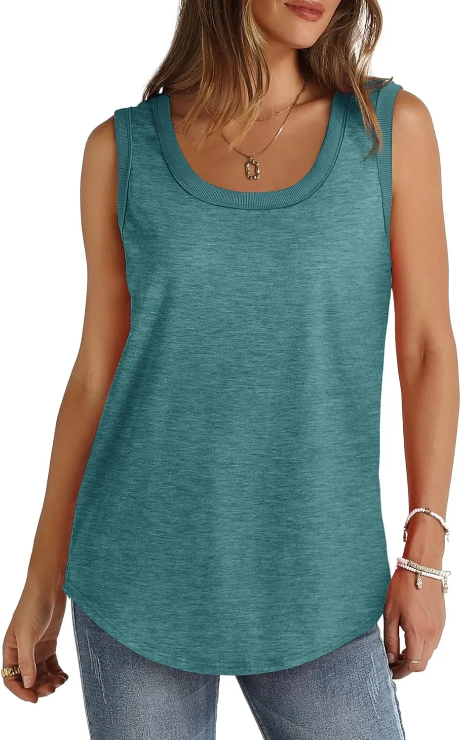 Saloogoe Womens Tank Tops Summer Loose Sleeveless Tops Ribbed Trim Scoop Neck Curved Hem 2024