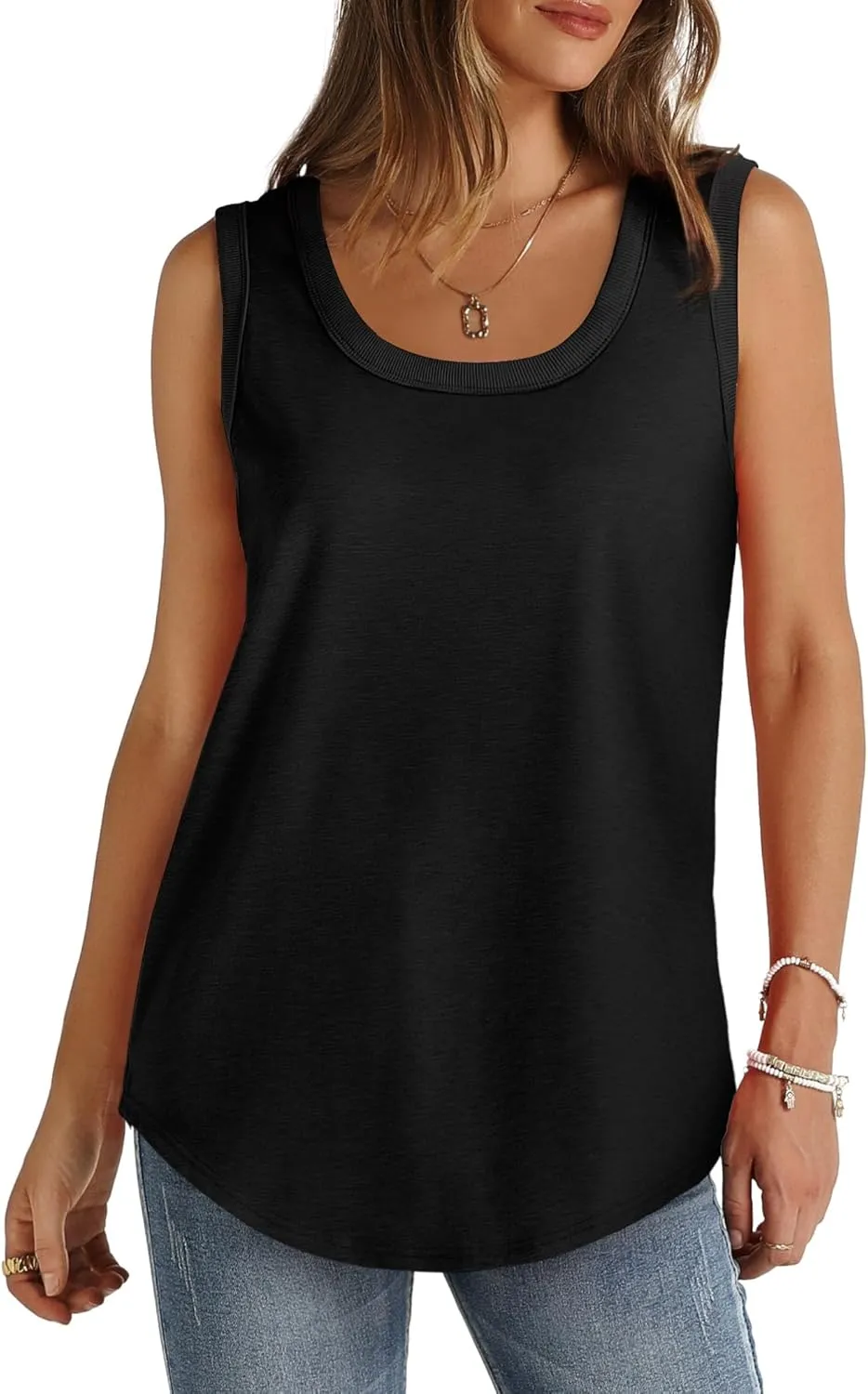 Saloogoe Womens Tank Tops Summer Loose Sleeveless Tops Ribbed Trim Scoop Neck Curved Hem 2024