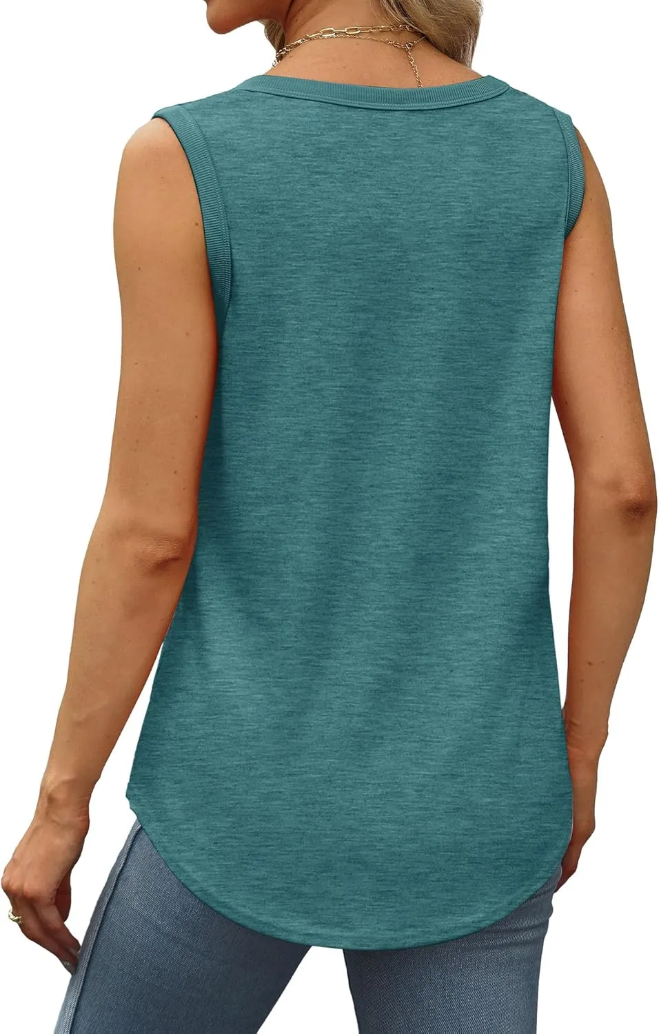 Saloogoe Womens Tank Tops Summer Loose Sleeveless Tops Ribbed Trim Scoop Neck Curved Hem 2024