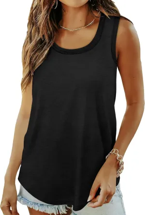 Saloogoe Womens Tank Tops Summer Loose Sleeveless Tops Ribbed Trim Scoop Neck Curved Hem 2024