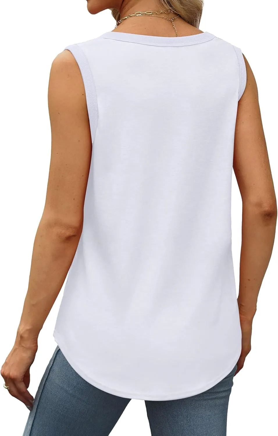 Saloogoe Womens Tank Tops Summer Loose Sleeveless Tops Ribbed Trim Scoop Neck Curved Hem 2024
