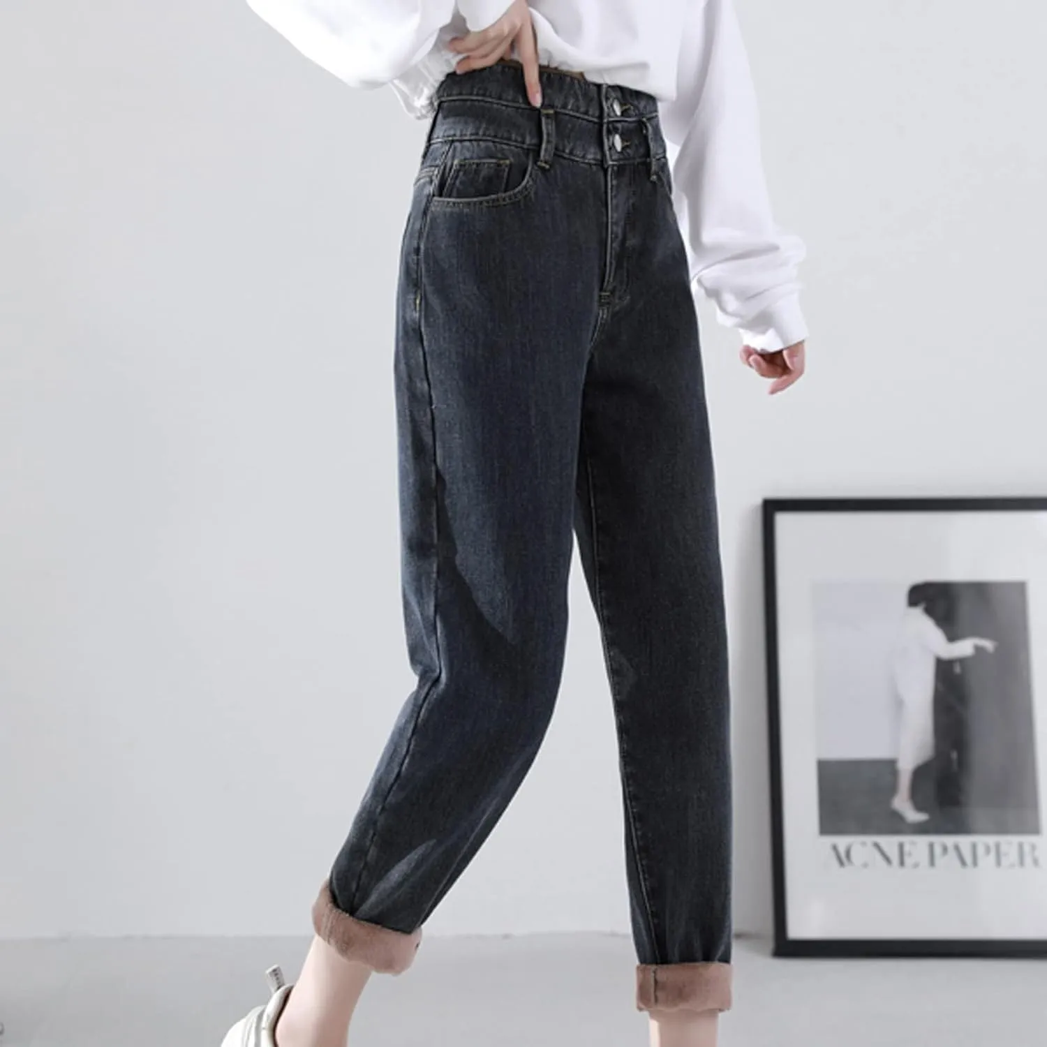 sdbrld Fleece Lined Jeans Women,Womens Fleece Lined Jeans Warm Winter Thermal Jeans Thicken Loose Stretch Denim Pants Tights