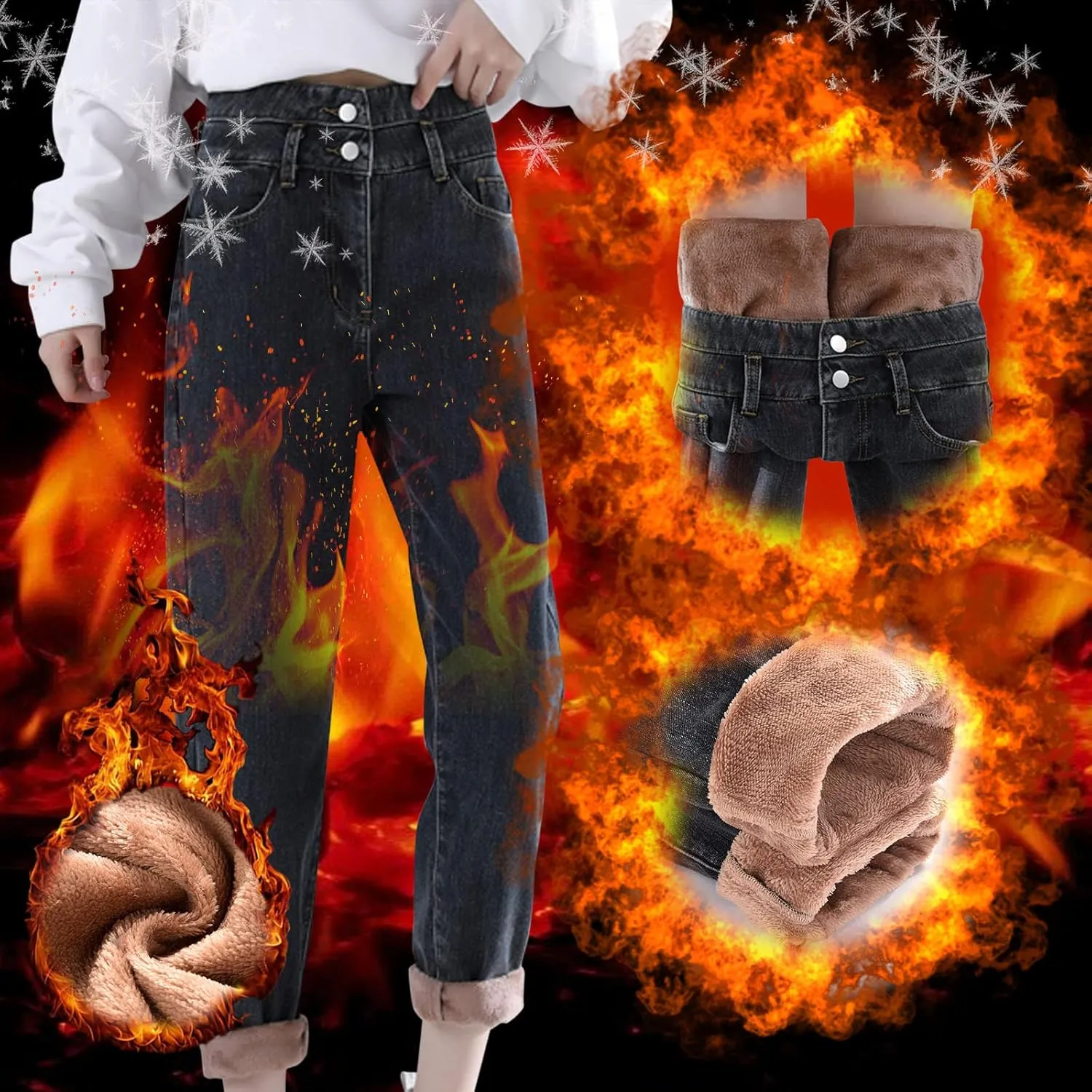 sdbrld Fleece Lined Jeans Women,Womens Fleece Lined Jeans Warm Winter Thermal Jeans Thicken Loose Stretch Denim Pants Tights