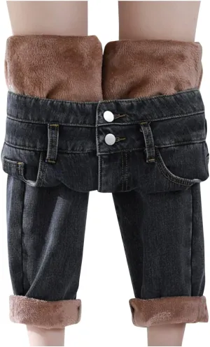 sdbrld Fleece Lined Jeans Women,Womens Fleece Lined Jeans Warm Winter Thermal Jeans Thicken Loose Stretch Denim Pants Tights