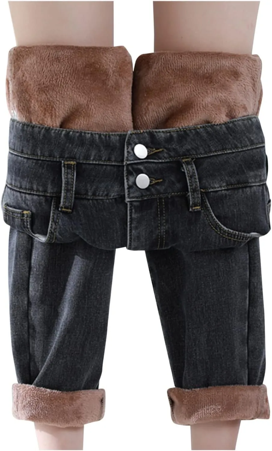 sdbrld Fleece Lined Jeans Women,Womens Fleece Lined Jeans Warm Winter Thermal Jeans Thicken Loose Stretch Denim Pants Tights