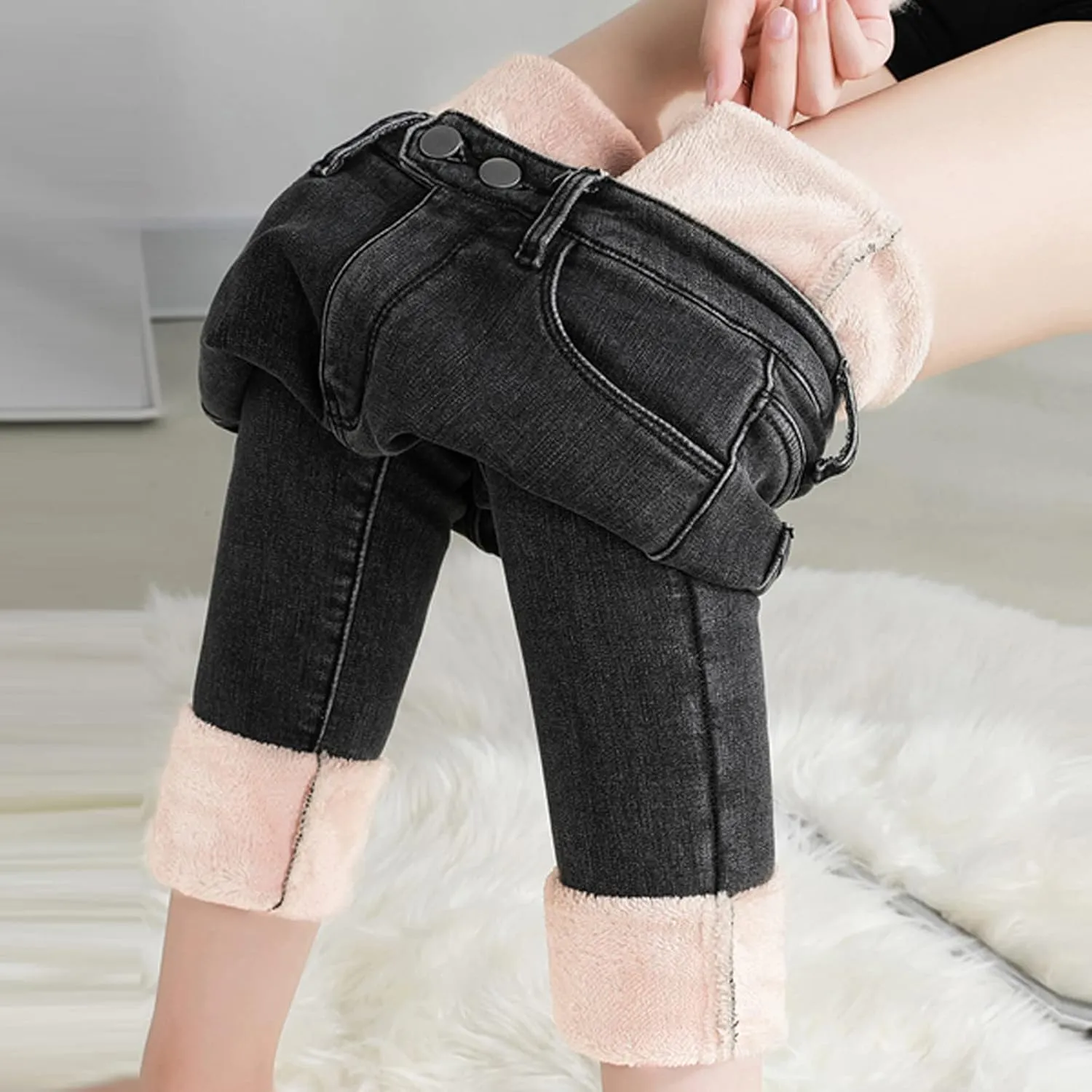 sdbrld Fleece Lined Jeans Women,Womens Fleece Lined Jeans Winter Warm High Waisted Thermal Jeans Thicken Stretchy Denim Pants