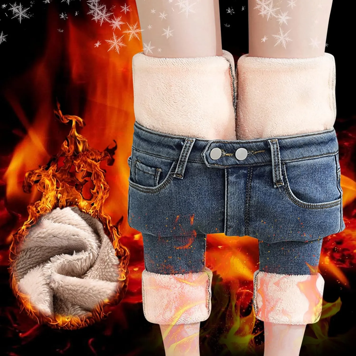 sdbrld Fleece Lined Jeans Women,Womens Fleece Lined Jeans Winter Warm High Waisted Thermal Jeans Thicken Stretchy Denim Pants