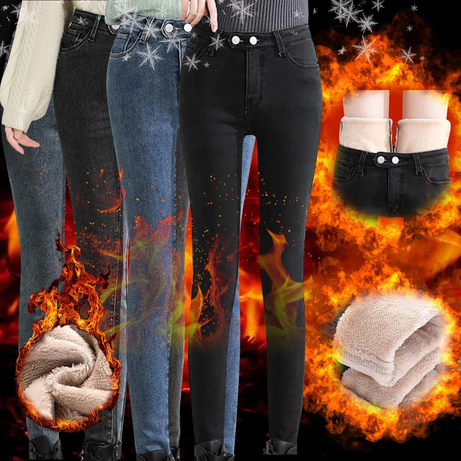 sdbrld Fleece Lined Jeans Women,Womens Fleece Lined Jeans Winter Warm High Waisted Thermal Jeans Thicken Stretchy Denim Pants
