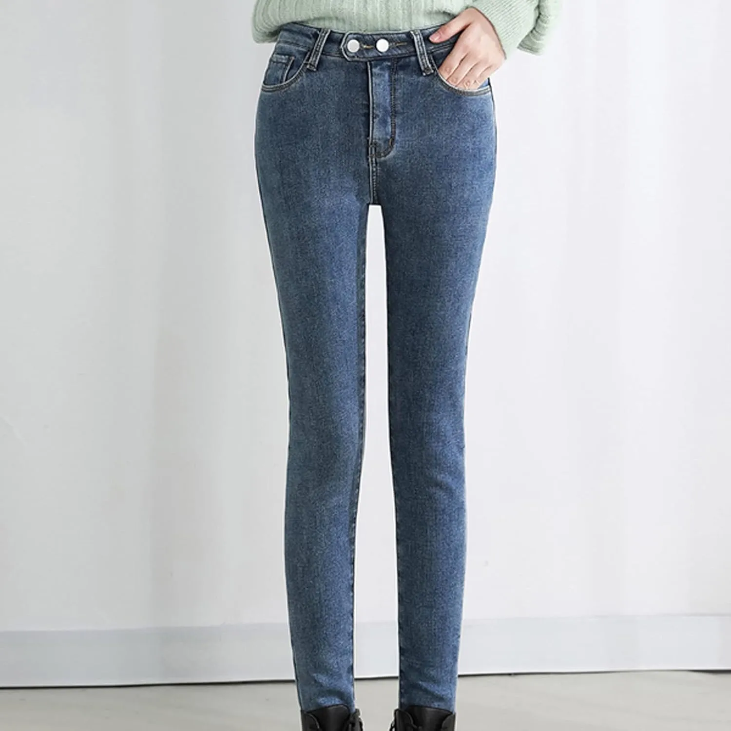 sdbrld Fleece Lined Jeans Women,Womens Fleece Lined Jeans Winter Warm High Waisted Thermal Jeans Thicken Stretchy Denim Pants