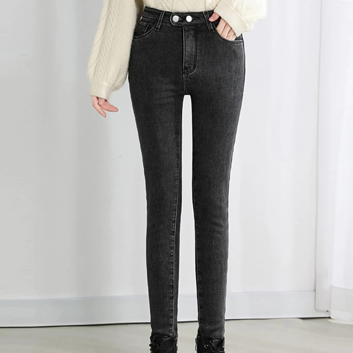 sdbrld Fleece Lined Jeans Women,Womens Fleece Lined Jeans Winter Warm High Waisted Thermal Jeans Thicken Stretchy Denim Pants