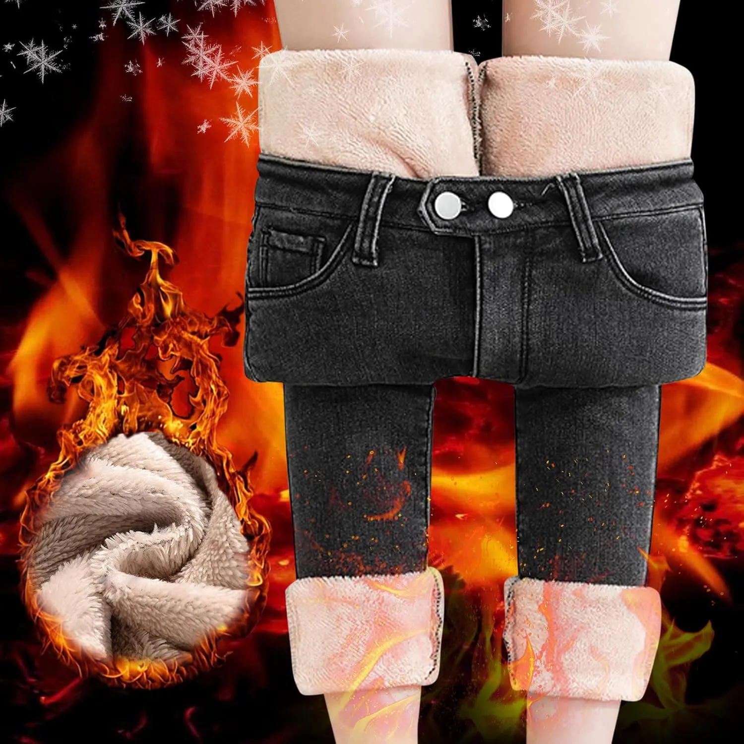 sdbrld Fleece Lined Jeans Women,Womens Fleece Lined Jeans Winter Warm High Waisted Thermal Jeans Thicken Stretchy Denim Pants
