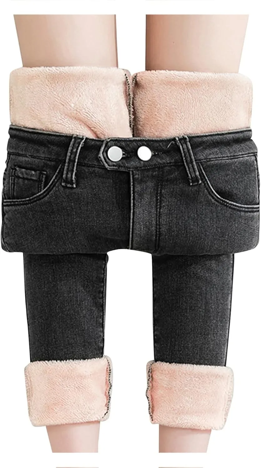 sdbrld Fleece Lined Jeans Women,Womens Fleece Lined Jeans Winter Warm High Waisted Thermal Jeans Thicken Stretchy Denim Pants