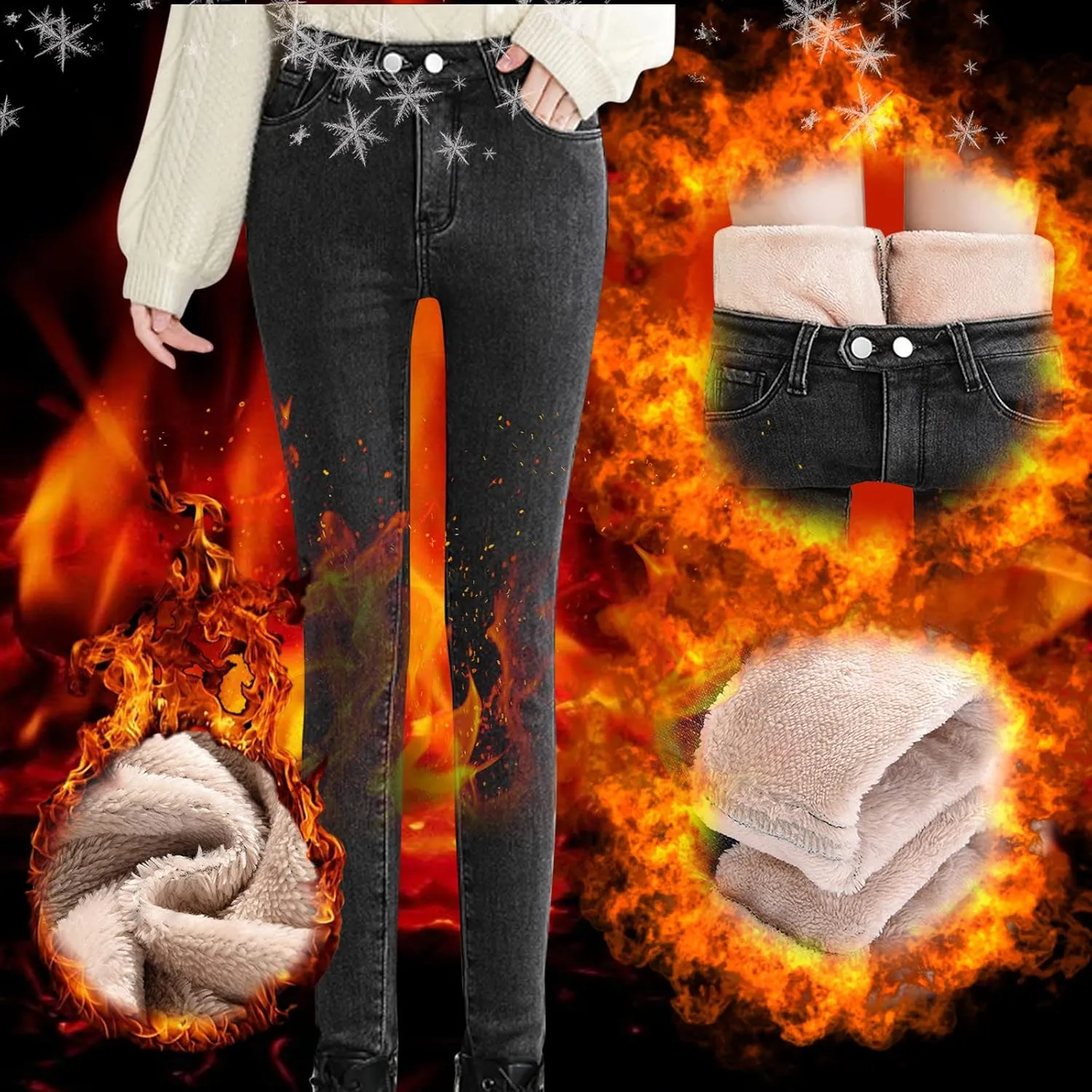 sdbrld Fleece Lined Jeans Women,Womens Fleece Lined Jeans Winter Warm High Waisted Thermal Jeans Thicken Stretchy Denim Pants