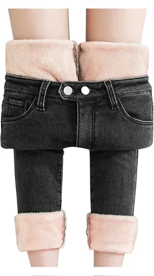 sdbrld Fleece Lined Jeans Women,Womens Fleece Lined Jeans Winter Warm High Waisted Thermal Jeans Thicken Stretchy Denim Pants