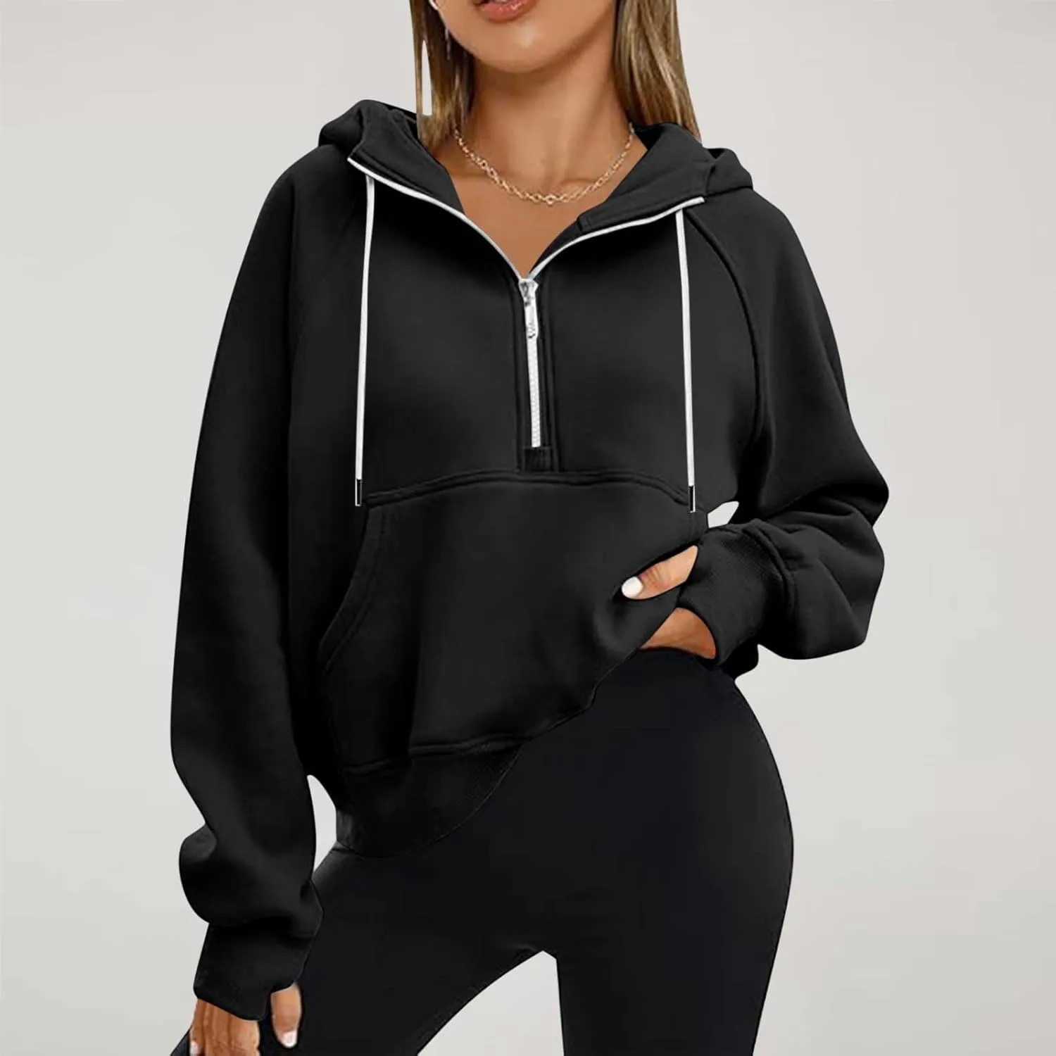 SEAOPEN Half Zip Sweatshirts Women Cropped Hoodies Long Sleeve Drawstring Pullover Top Fall Fleece Jackets with Pocket