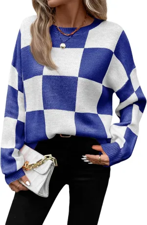 SHENHE Women's Checkered Color Block Oversized Sweater Plaid Crew Neck Drop Shoulder Pullovers