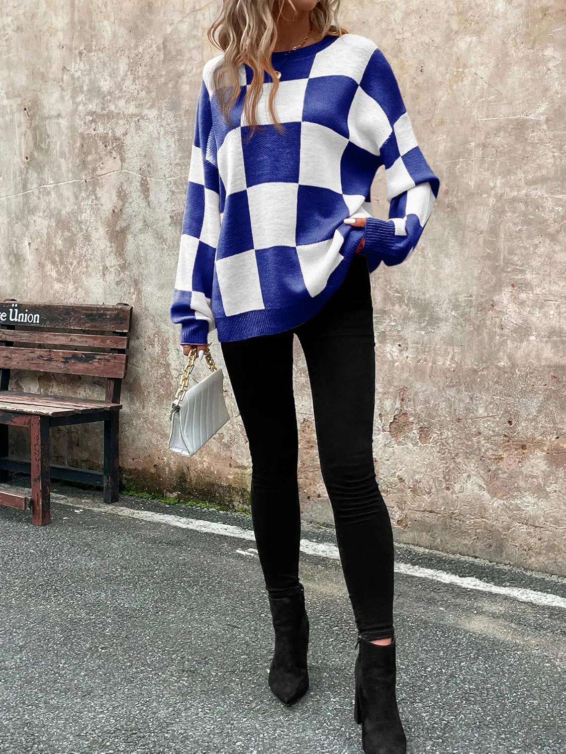 SHENHE Women's Checkered Color Block Oversized Sweater Plaid Crew Neck Drop Shoulder Pullovers