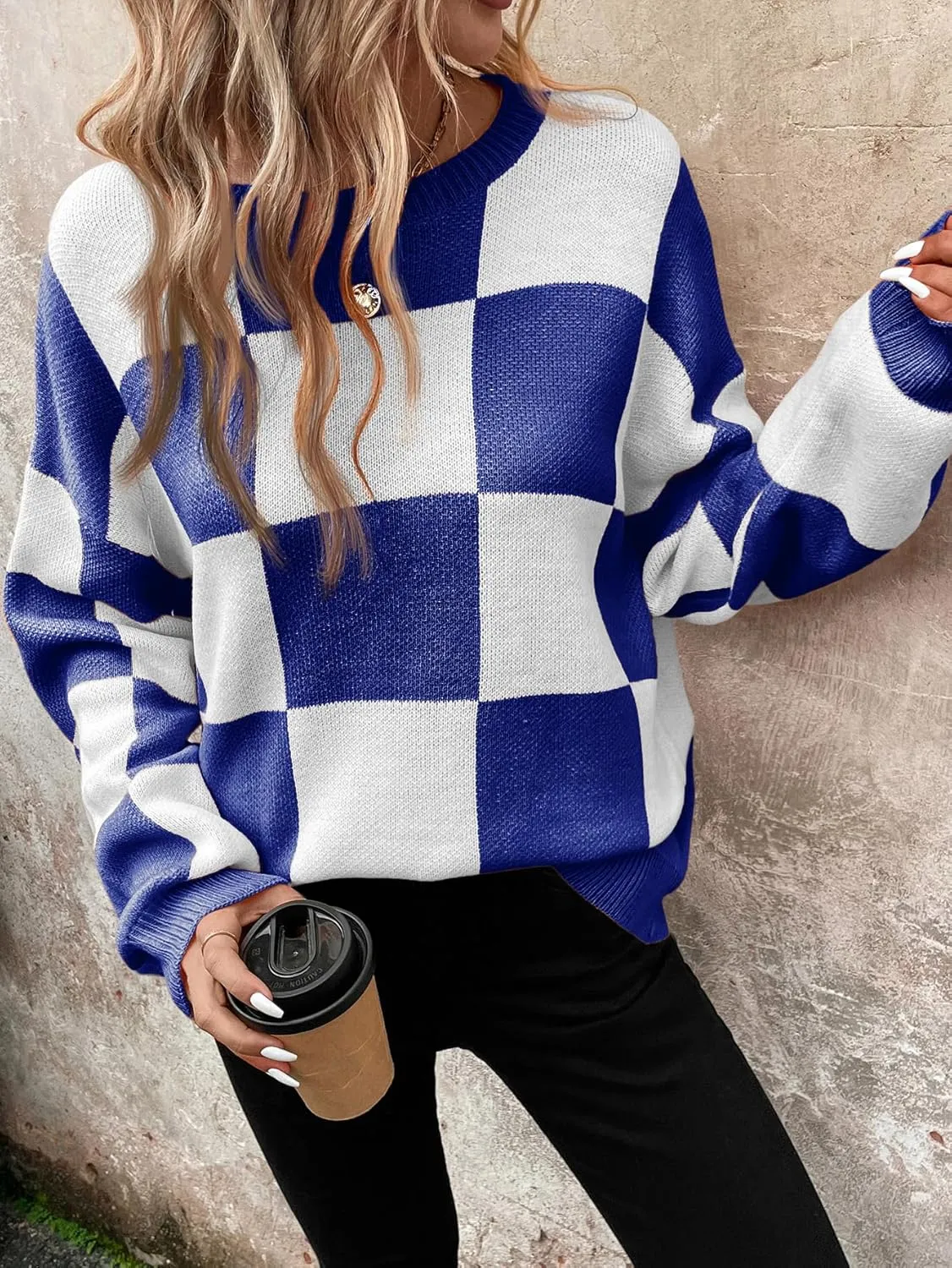SHENHE Women's Checkered Color Block Oversized Sweater Plaid Crew Neck Drop Shoulder Pullovers
