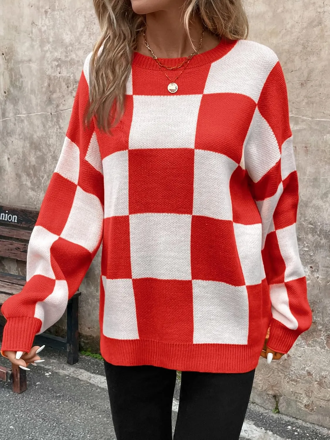 SHENHE Women's Checkered Color Block Oversized Sweater Plaid Crew Neck Drop Shoulder Pullovers
