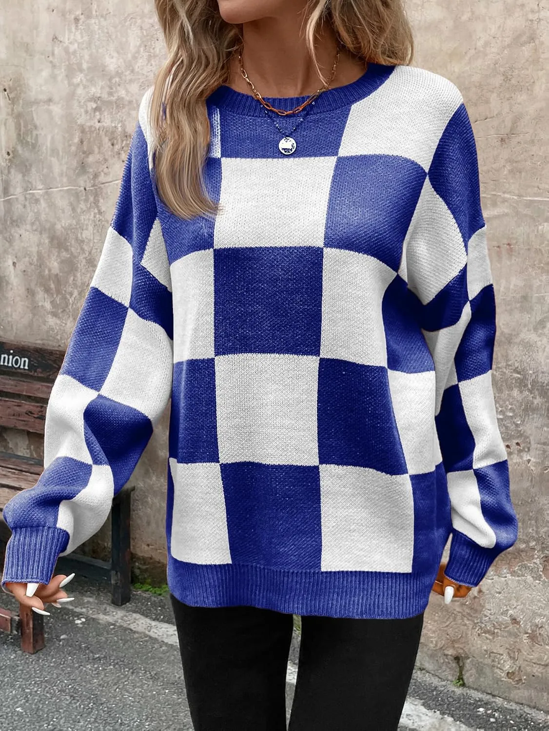 SHENHE Women's Checkered Color Block Oversized Sweater Plaid Crew Neck Drop Shoulder Pullovers