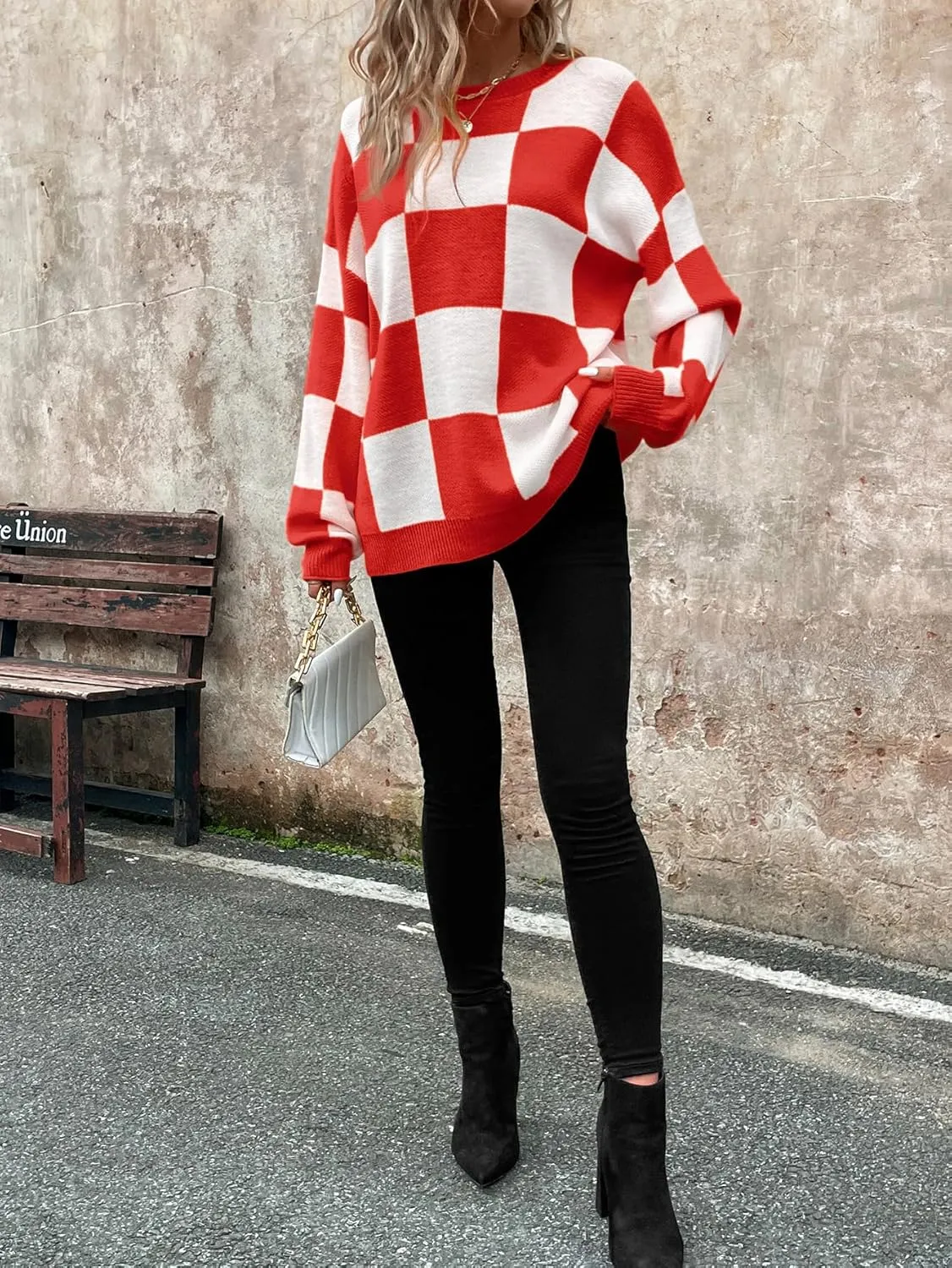SHENHE Women's Checkered Color Block Oversized Sweater Plaid Crew Neck Drop Shoulder Pullovers