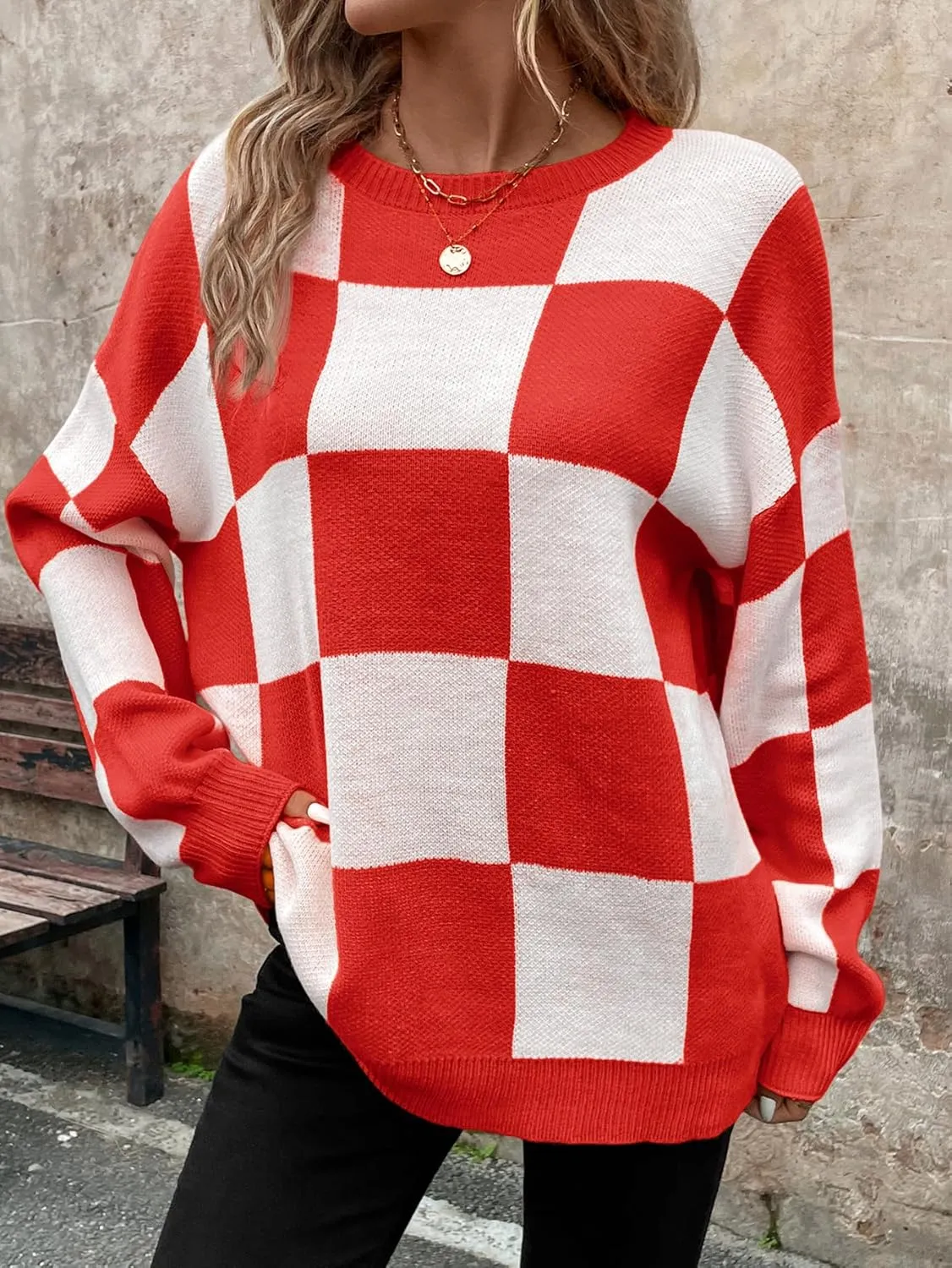 SHENHE Women's Checkered Color Block Oversized Sweater Plaid Crew Neck Drop Shoulder Pullovers
